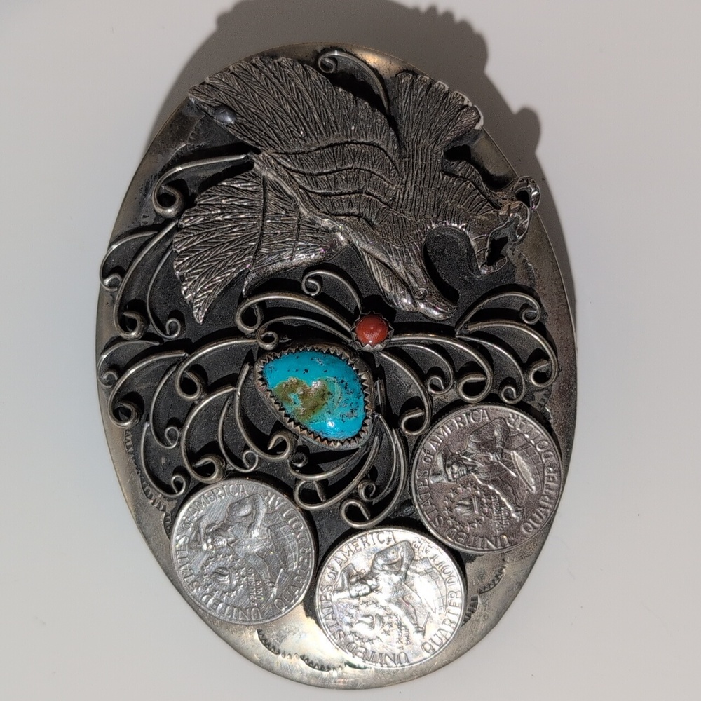 Vintage Western Eagle Belt Buckle Spiny Coral Turquoise Nugget Quarter Coins